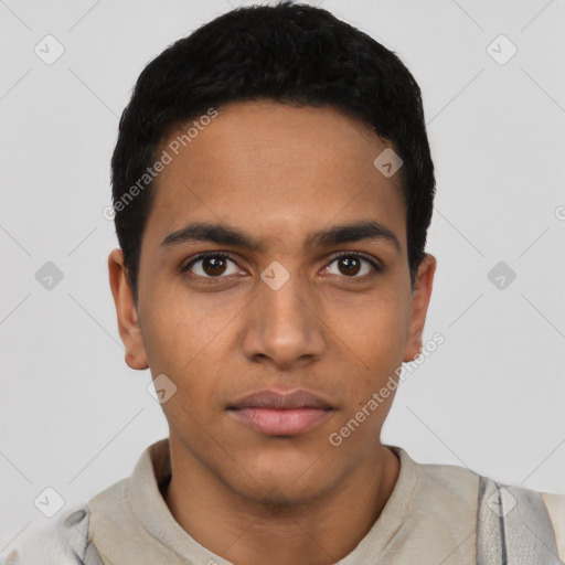 Neutral latino young-adult male with short  black hair and brown eyes