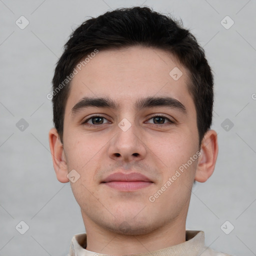 Neutral white young-adult male with short  brown hair and brown eyes