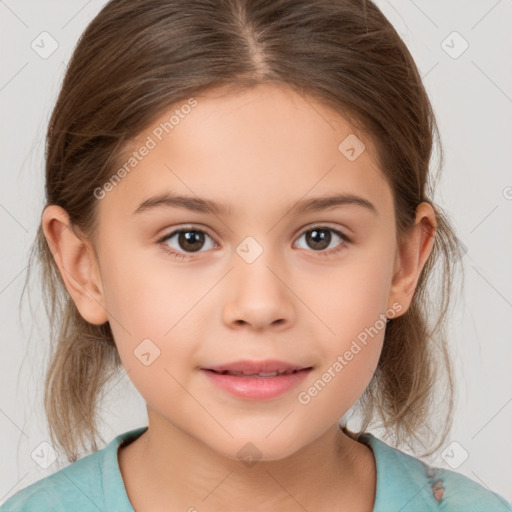 Joyful white child female with medium  brown hair and brown eyes