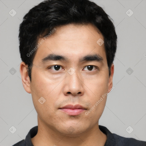 Neutral asian young-adult male with short  black hair and brown eyes