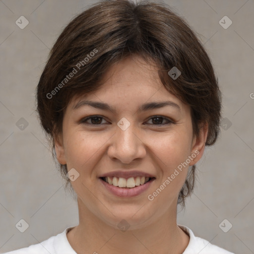 Joyful white young-adult female with medium  brown hair and brown eyes