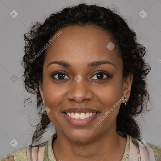 Joyful black young-adult female with medium  brown hair and brown eyes