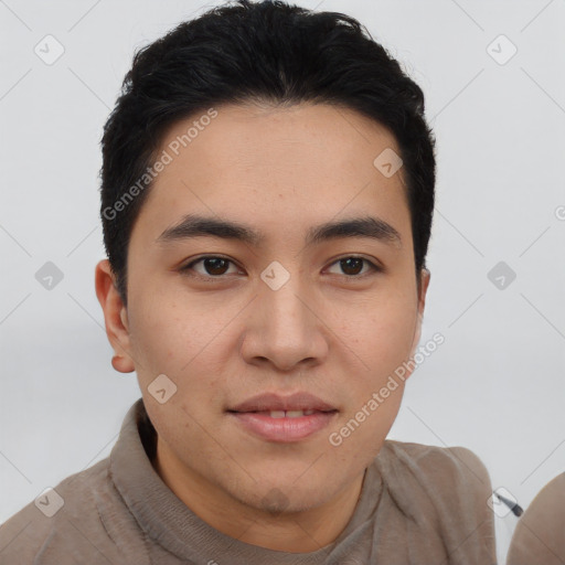 Joyful asian young-adult male with short  brown hair and brown eyes