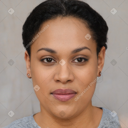 Joyful latino young-adult female with short  black hair and brown eyes