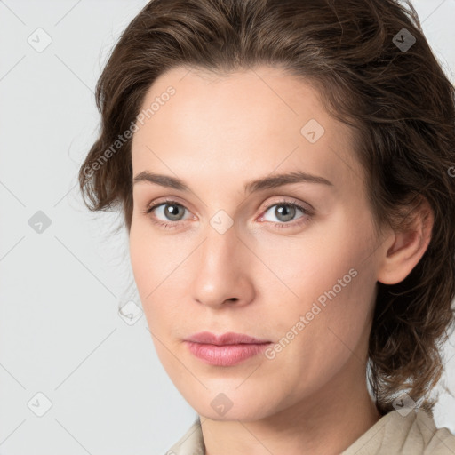 Neutral white young-adult female with medium  brown hair and grey eyes