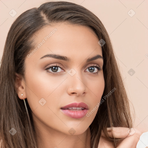 Neutral white young-adult female with long  brown hair and brown eyes