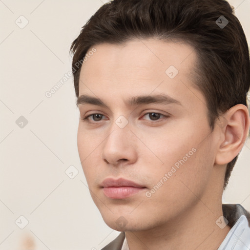 Neutral white young-adult male with short  brown hair and brown eyes