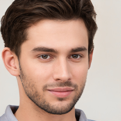 Neutral white young-adult male with short  brown hair and brown eyes