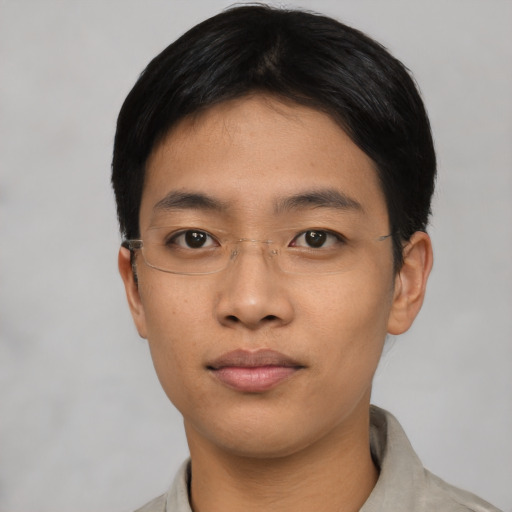 Neutral asian young-adult male with short  black hair and brown eyes