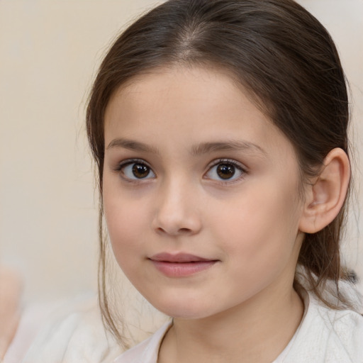 Joyful white child female with medium  brown hair and brown eyes