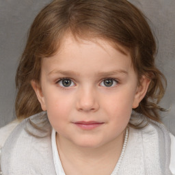 Joyful white child female with medium  brown hair and blue eyes