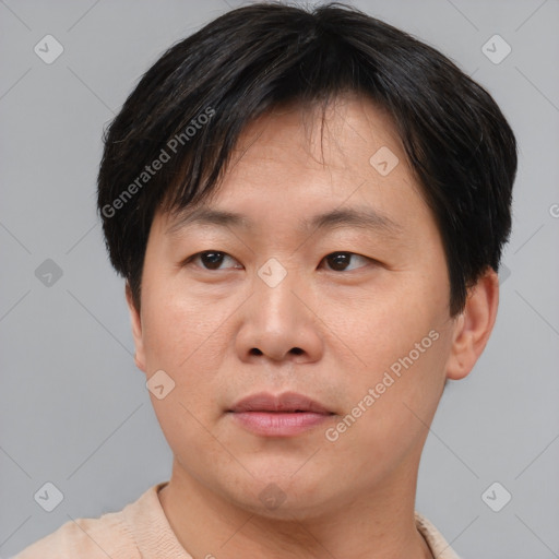 Neutral asian young-adult male with short  brown hair and brown eyes