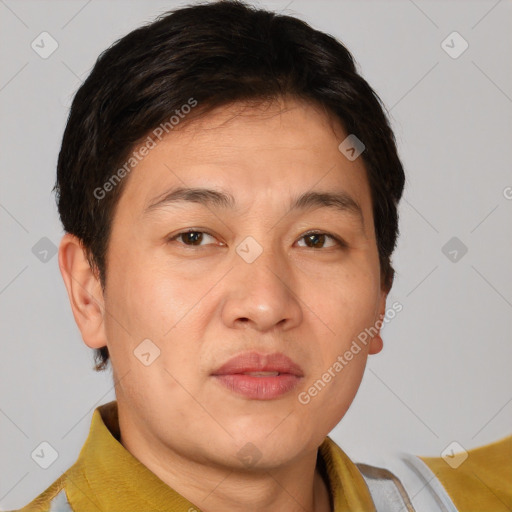 Neutral white adult male with short  brown hair and brown eyes