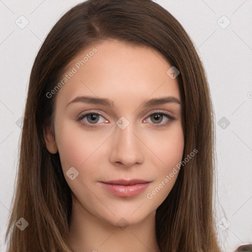 Neutral white young-adult female with long  brown hair and brown eyes