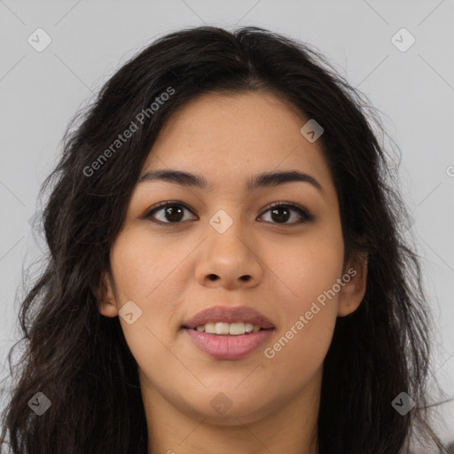 Joyful asian young-adult female with long  brown hair and brown eyes