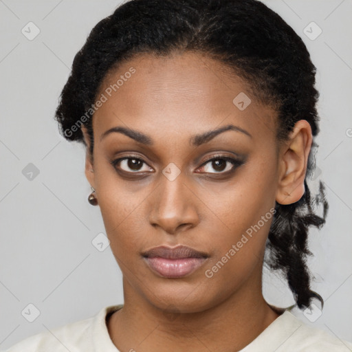 Neutral black young-adult female with short  black hair and brown eyes