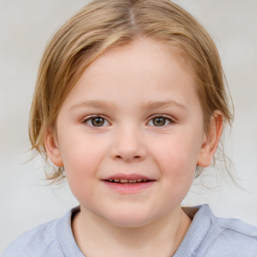 Joyful white child female with medium  brown hair and blue eyes