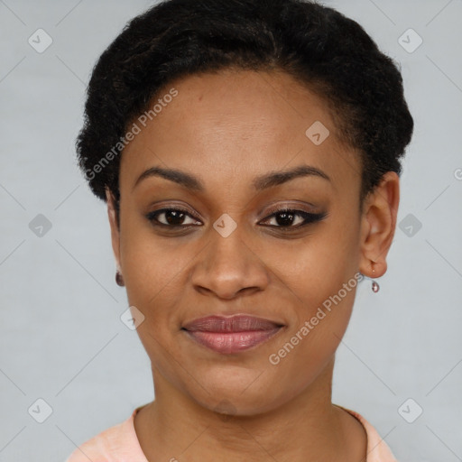 Joyful latino young-adult female with short  brown hair and brown eyes