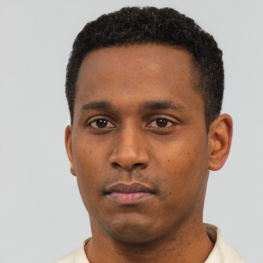 Neutral black young-adult male with short  black hair and brown eyes