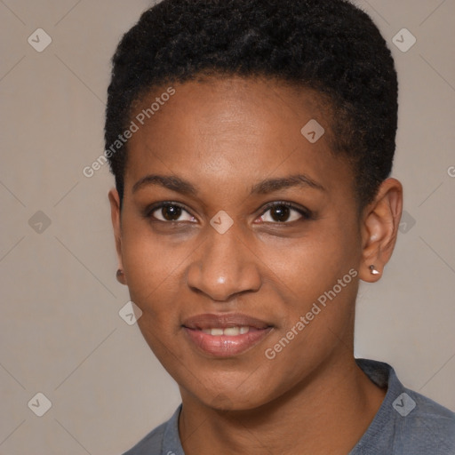 Joyful black young-adult female with short  brown hair and brown eyes