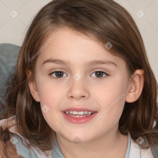 Joyful white child female with medium  brown hair and brown eyes