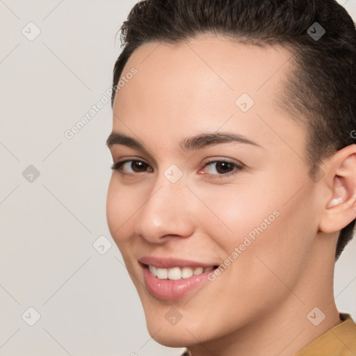 Joyful white young-adult female with short  brown hair and brown eyes