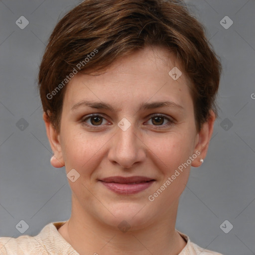 Joyful white young-adult female with short  brown hair and brown eyes