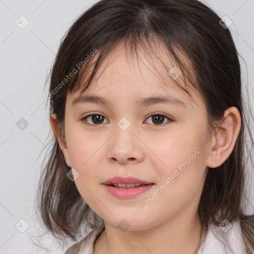 Joyful white child female with medium  brown hair and brown eyes