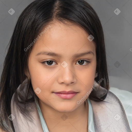 Joyful white child female with medium  brown hair and brown eyes