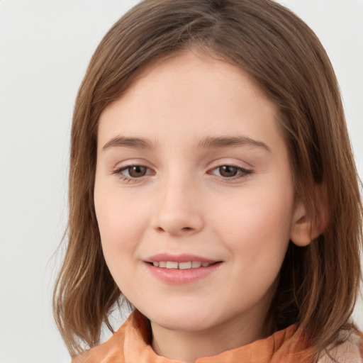 Joyful white child female with medium  brown hair and brown eyes