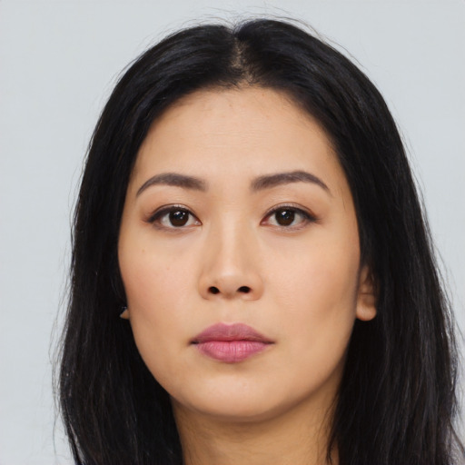 Neutral asian young-adult female with long  black hair and brown eyes