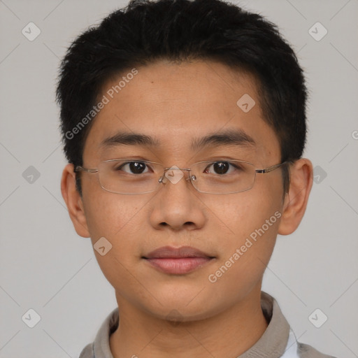 Neutral asian young-adult male with short  brown hair and brown eyes