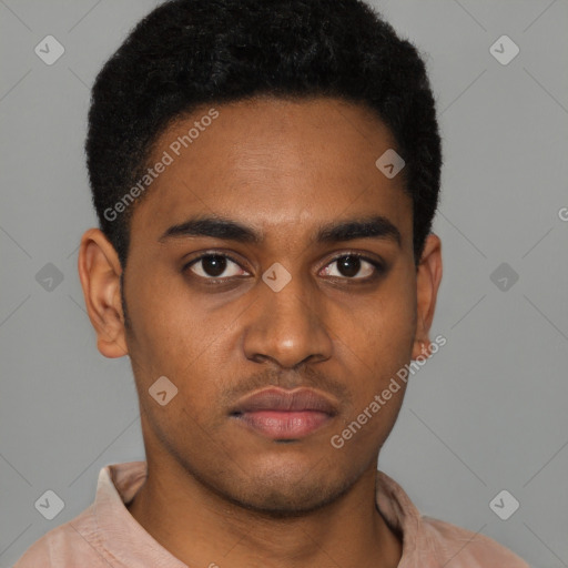 Neutral latino young-adult male with short  brown hair and brown eyes