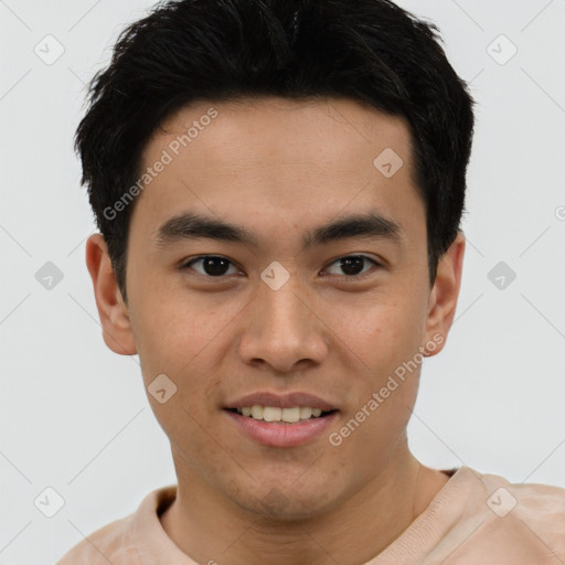 Joyful latino young-adult male with short  brown hair and brown eyes