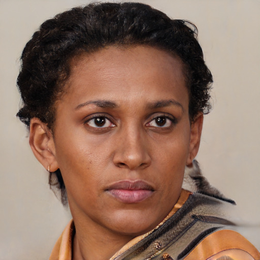 Neutral black young-adult female with short  brown hair and brown eyes