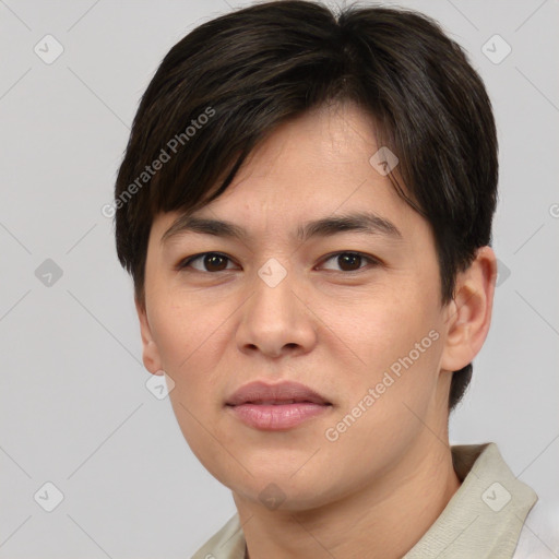 Joyful asian young-adult male with short  brown hair and brown eyes