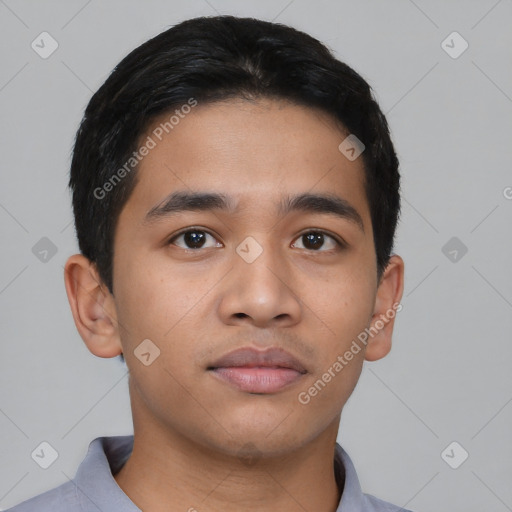 Neutral asian young-adult male with short  black hair and brown eyes