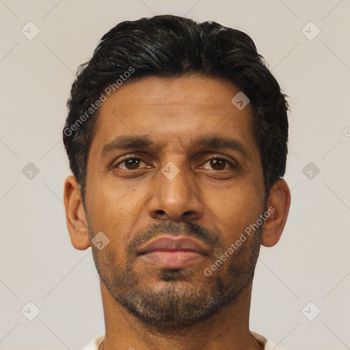Neutral latino adult male with short  brown hair and brown eyes