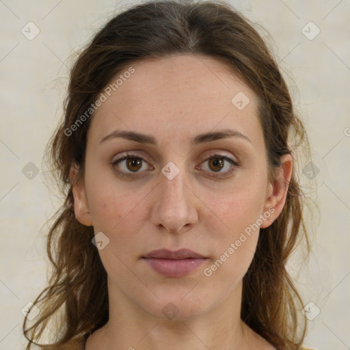 Joyful white young-adult female with medium  brown hair and green eyes