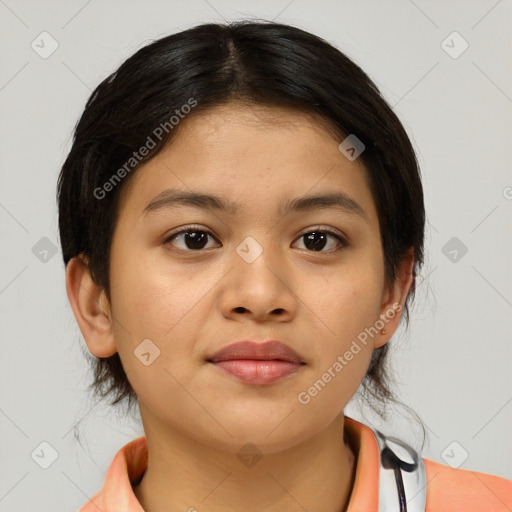 Neutral asian young-adult female with medium  brown hair and brown eyes