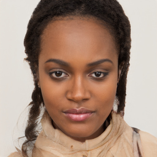 Neutral black young-adult female with long  brown hair and brown eyes