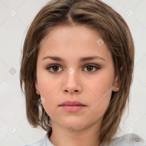 Neutral white young-adult female with medium  brown hair and brown eyes