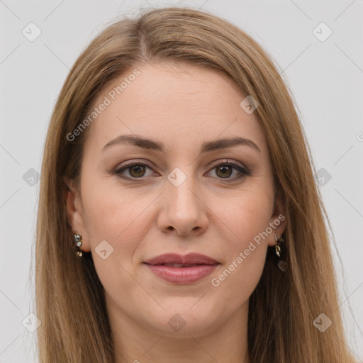 Joyful white young-adult female with long  brown hair and brown eyes