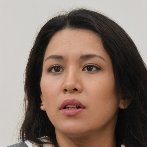 Neutral asian young-adult female with long  brown hair and brown eyes