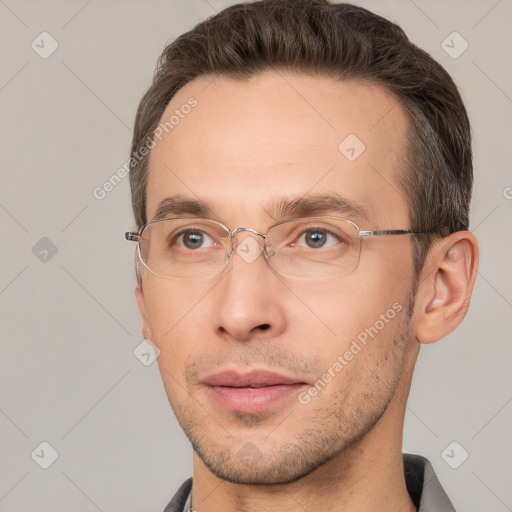 Neutral white adult male with short  brown hair and brown eyes