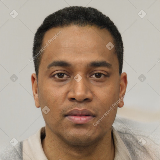 Neutral latino young-adult male with short  black hair and brown eyes
