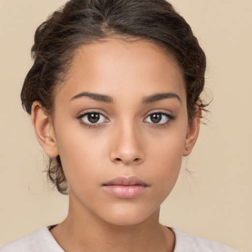 Neutral white young-adult female with short  brown hair and brown eyes