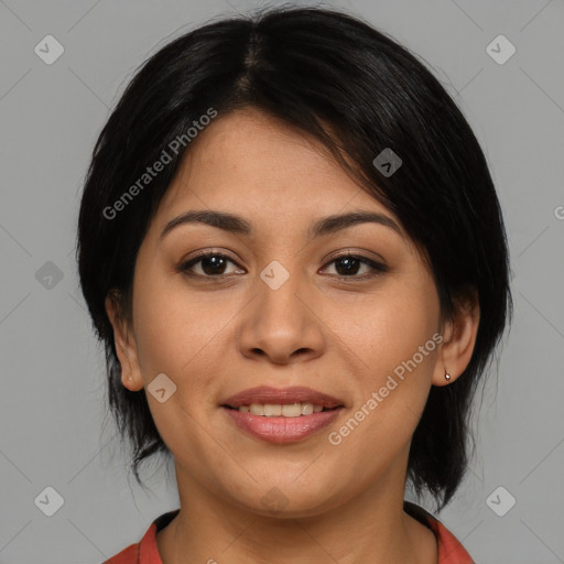 Joyful asian young-adult female with medium  black hair and brown eyes