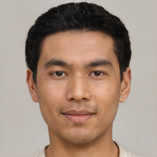 Neutral asian young-adult male with short  black hair and brown eyes