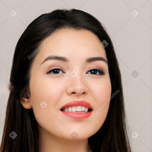 Joyful white young-adult female with long  black hair and brown eyes